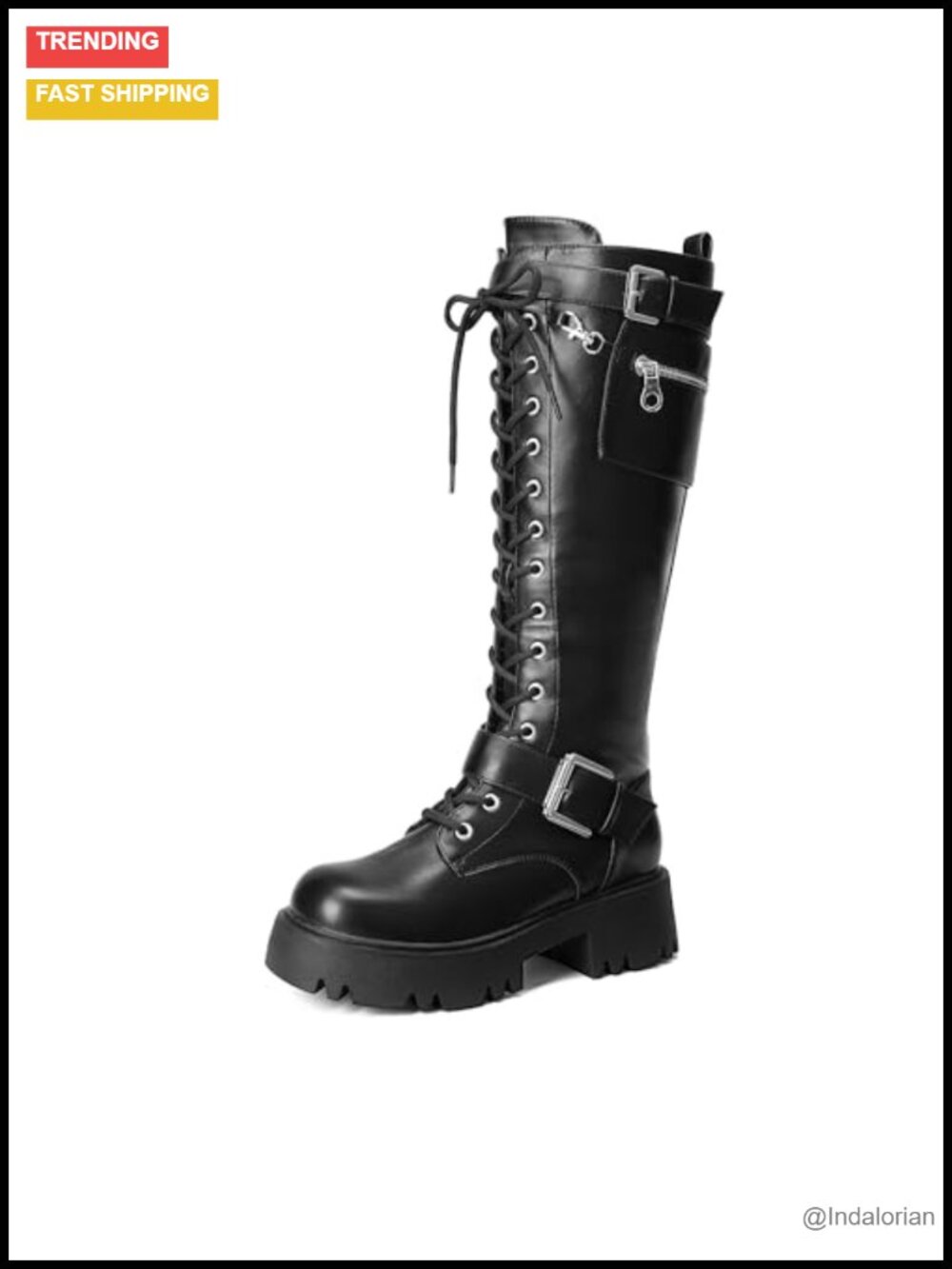 Womens Knee High Combat Boots Faux Leather Platform Heels
